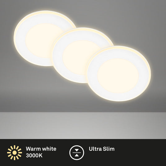 Briloner gima - set van 3 led inbouwspots - 7988036 - nachtlampje functie - apart schakelbare vlakken en ringen - memory functie - warm wit licht - ø9,3 x 3 cm - wit