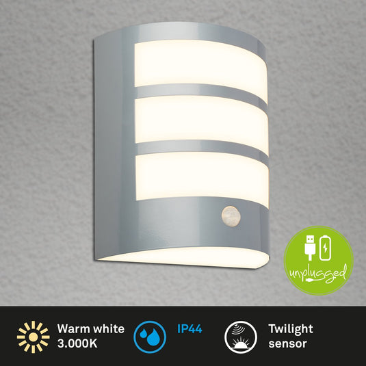 Briloner - led wandlamp akku - bewegingssensor - schemersensor - mat chroom - verwisselbare batterij - verwisselbare printplaat - 18 x 15 x 7 cm - mat chroom