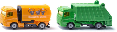 Siku 1687, set veegmachine en afvalwagen, metaal kunststof,kantelbare opbouw en opvangbak, groen oranje