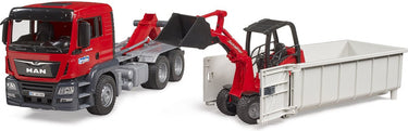 Bruder , miniatuurauto van de man tgs vrachtwagen met container, rood