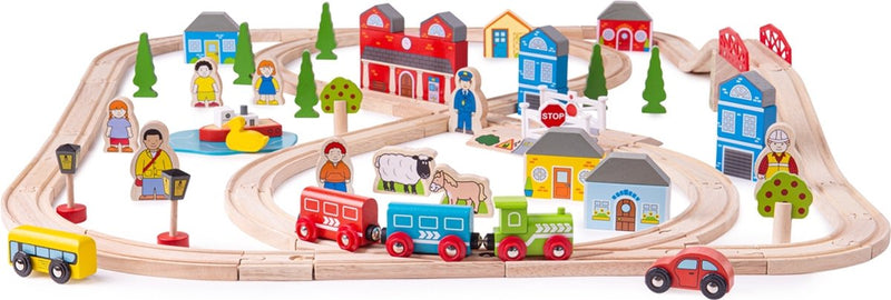 Afbeelding laden in galerijviewer, Bigjigs houten treinset stad en land, 101dlg.
