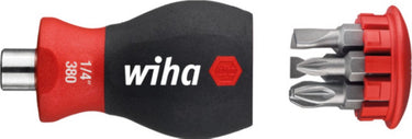 Wiha schroevendraaier met bitmagazijn magnetisch sleufkop, pozidriv met 6 bits, stubby, 1 4 - 33764