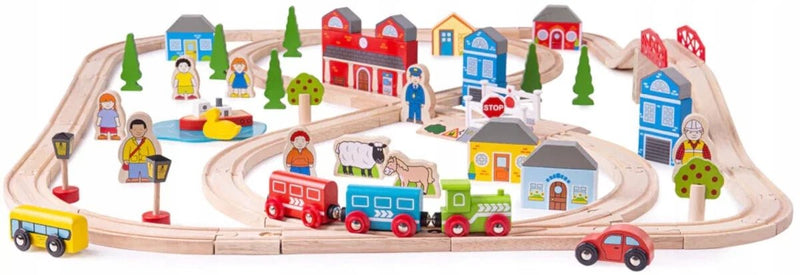 Afbeelding laden in galerijviewer, Bigjigs houten treinset stad en land, 101dlg.
