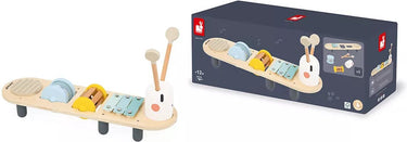 Janod sweet cocoon - muziektafel rups - 5 geluidsactiviteiten om melodietjes te creëren - met 3 afneembare rammelaars - geschikt vanaf 12 maanden