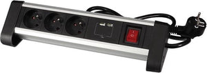 Perel stekkerdoos met schakelaar, 3 stopcontacten met penaarde (type e), 2 usb-poorten, kabel 1.4 m, 3g1.5, gebruik binnenshuis, zwart grijs