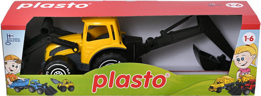 Plasto tractor met voorlader en graafarm geel 57 cm - speelgoedvoertuig - backhoe - graafarm - grote tractor - bpa-vrij - gemaakt in finland - vanaf 1 jaar