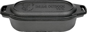 Valhal outdoor - braadpan dubbele skillet 1l - kleine dutch oven, gietijzer, ovaal, grillpatroon, vh1l
