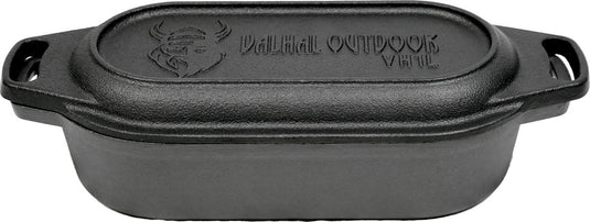 Valhal outdoor - braadpan dubbele skillet 1l - kleine dutch oven, gietijzer, ovaal, grillpatroon, vh1l