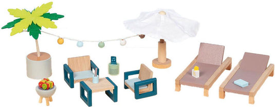 Goki poppenhuismeubeltjes: outdoor meubelset mallorca, 17-delig, ligbed 13x6x2,2cm, hout en tekstiel, 3+