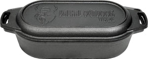 Valhal outdoor - braadpan dubbele skillet 2l - kleine dutch oven, gietijzer, ovaal, grillpatroon, vh2l