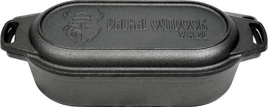 Valhal outdoor - braadpan dubbele skillet 2l - kleine dutch oven, gietijzer, ovaal, grillpatroon, vh2l