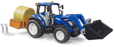 Bruder new holland t5.120 + voorlader, laadbak, vorken + ronde balen 1:16