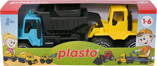 Plasto kiepwagen en bulldozer geel blauw 30 cm - speelgoedvoertuig - set van 2x 30 cm - kiepwagen en bulldozer - bouwvoertuigen - bpa-vrij - gemaakt in finland - vanaf 1 jaar