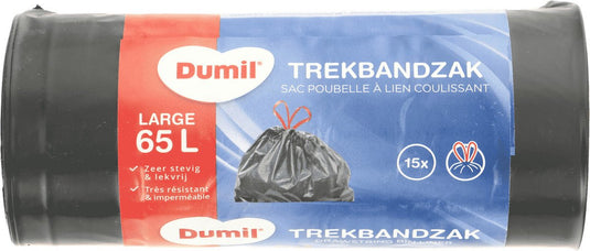Dumil afvalzakken met trekband 65l , 1 rol met 15 zakken