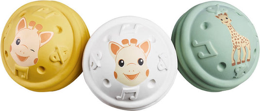Sophie de giraf muzikale speelballen - 5-senses collectie - speelgoedbal - babyspeelgoed - 100% natuurlijk rubber - ok-biobased - vanaf 3 maanden - geel wit groen - 3 stuks