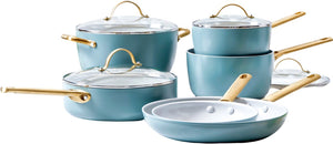 Greenpan padova smokey blue pannenset 10-delig - 18-28cm - pfas-vrije antikleeglaag - pannenset inductie - keramische pan - met deksels - ovenbestendig tot 200 graden - smokey blue