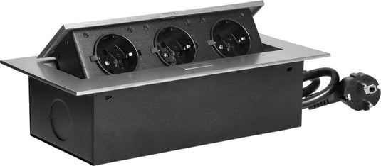 Orno inbouw stekkerdoos met 3 stopcontacten - pop up stekkerblok met 1.5 meter kabel - verdeelstekker met rvs afwerking - 230 volt - voor max. 3680 watt - verdeeldoos - antraciet