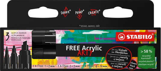 Stabilo free - acryl marker - mixed tip set - zwart - 3 verschillende tip sizes