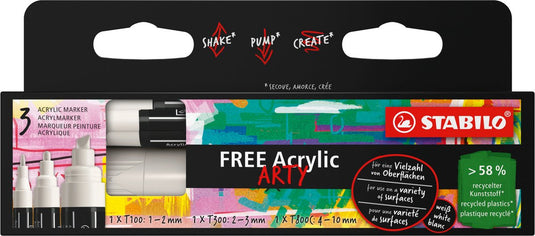 Stabilo free - acryl marker - mixed tip set - wit - 3 verschillende tip sizes