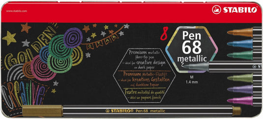 Stabilo pen 68 metallic viltstiften in metalen doos - 8dlg.