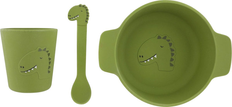 Afbeelding laden in galerijviewer, Trixie siliconen baby eetset mr. dino - perfect kraamcadeau - babyshower gift - set met lepel, beker en kom.
