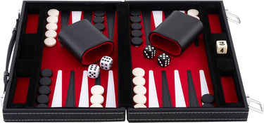 Longfield backgammon 11 inch - rood, zwart wit gestikt bord - kunstlederen koffer met handvat - engelhart