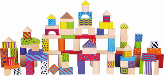 Vigatoys viga toys blokkenset kleurrijk 100 stuks multicolor - educatief houten speelgoed - blokken set voor creatief spelen - vrolijke kleuren en print - geschikt voor kinderen vanaf 18 maanden