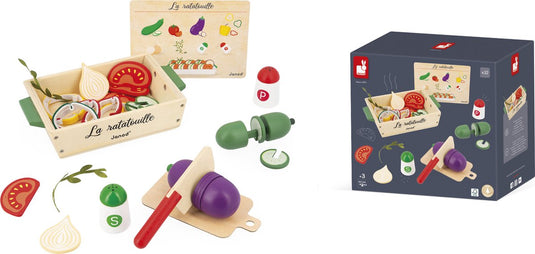 Janod in de keuken - ratatouille set - het is tijd om je schort aan te trekken met deze set van 32 accessoires! - volg het recept en maak een chef-waardige ratatouille - geleverd met snijplank en houten ovenschaal - geschikt vanaf 3 jaar