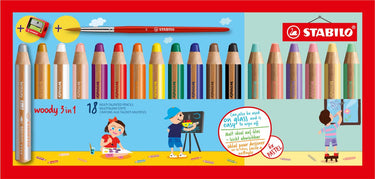 Stabilo woody 3 in 1 - multi talent kleurpotloden - etui met 18 kleuren, 6 pastel, puntenslijper penseel