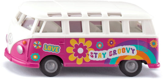 Siku 2364, vw t1 bus samba, 1:50, metaal kunststof, rood wit, openslaande deuren, trekhaak