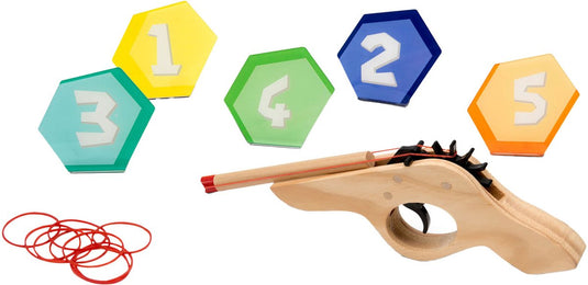 Bs toys schiet 'm! elastiekpistool - hout - coördinatiespel - vanaf 6 jaar - 5 targets