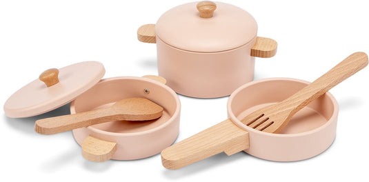 Woet ® houten pannenset roze - 7-delige set met kookgerei - speelgoed keukenset - speelgoedkeuken accessoires voor kinderen - rollenspel keukenspeelgoed - vanaf 2 jaar