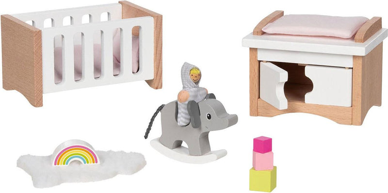 Afbeelding laden in galerijviewer, Goki poppenhuismeubeltjes: design kinderkamer, 12-delig, 10,2x6x5,5cm (bed), beukenhout en stof, 3+
