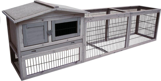 Flamingo konijnenhok met ren – extra groot konijnenhok voor buiten met nachthok en uitloopren – 230x53x70 cm – konijnenhok jumbo cottage grijs
