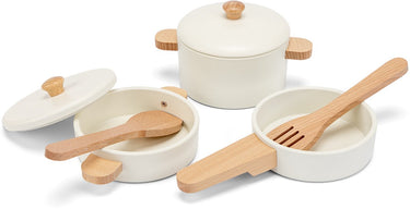 Woet ® houten pannenset wit - 7-delige set met kookgerei - speelgoed keukenset - speelgoedkeuken accessoires voor kinderen - rollenspel keukenspeelgoed - vanaf 2 jaar