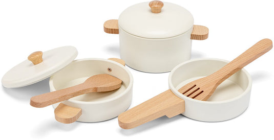 Woet ® houten pannenset wit - 7-delige set met kookgerei - speelgoed keukenset - speelgoedkeuken accessoires voor kinderen - rollenspel keukenspeelgoed - vanaf 2 jaar