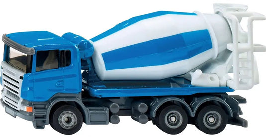 Siku 1896 betonmixer, bouwplaatsvoertuig, 1:87, metaal kunststof, speelgoedmodel met roterende trommel, blauw wit