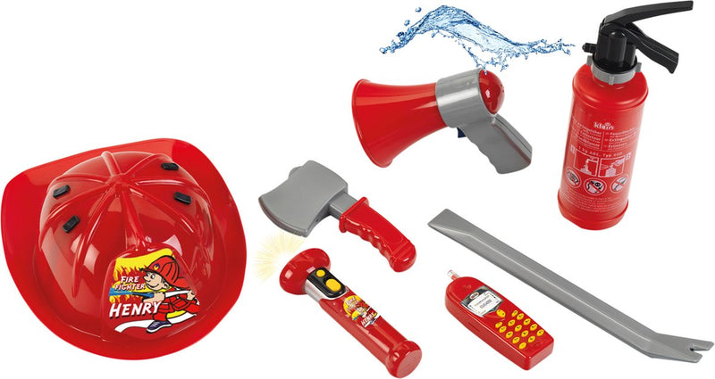 Afbeelding laden in galerijviewer, Klein toys 7-delige brandweerset - brandblusser, zaklamp, koevoet, bijl, helm, mobiele telefoon, megafoon - incl. 0,5 l watertank - rood grijs
