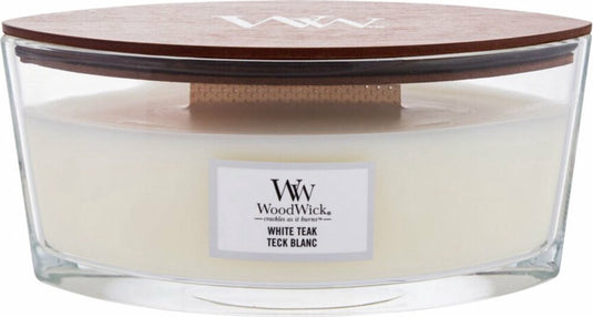 Woodwick heartwick flame ellipse geurkaars - white teak - 50 branduren