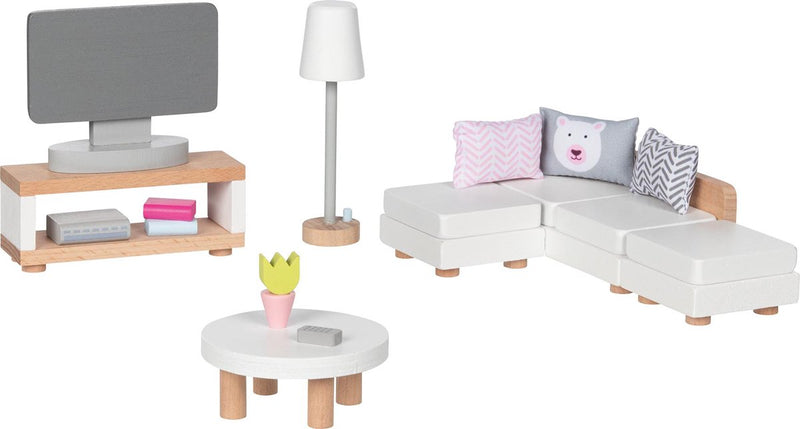 Afbeelding laden in galerijviewer, Goki poppenhuismeubeltjes: design woonkamer, 15-delig, 9,5x3x4cm (televisiekast), beukenhout en stof, 3+
