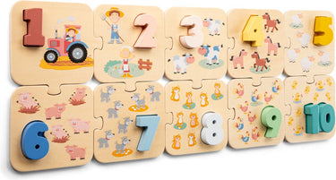 Woet ® houten cijferpuzzel boerderij - leren tellen - getallen 1 t m 10 - puzzel met cijfers en dieren - fsc educatief speelgoed - vanaf 2 jaar