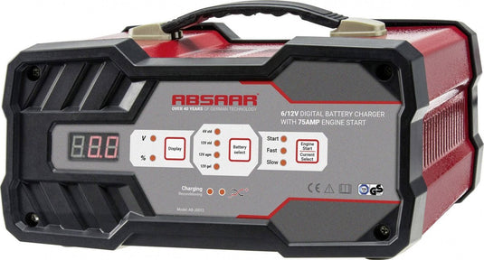Absaar acculader + jumpstarter 6 12 volt 25-120 ah 12 ampère rood
