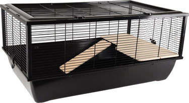 Flamingo hamsterkooi – elsa – caviakooi dwergkonijnenkooi – kooi met platform en loopplank – metaal zwart hout naturel – 77x47x36,5 cm – europese kwaliteit