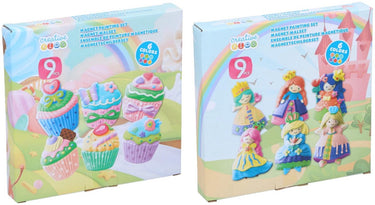 Creative kids magneet schilder set kinderen - knutselset met verf en kwast - 6 kleuren - prinses of cupcake thema - 1 willekeurige variant