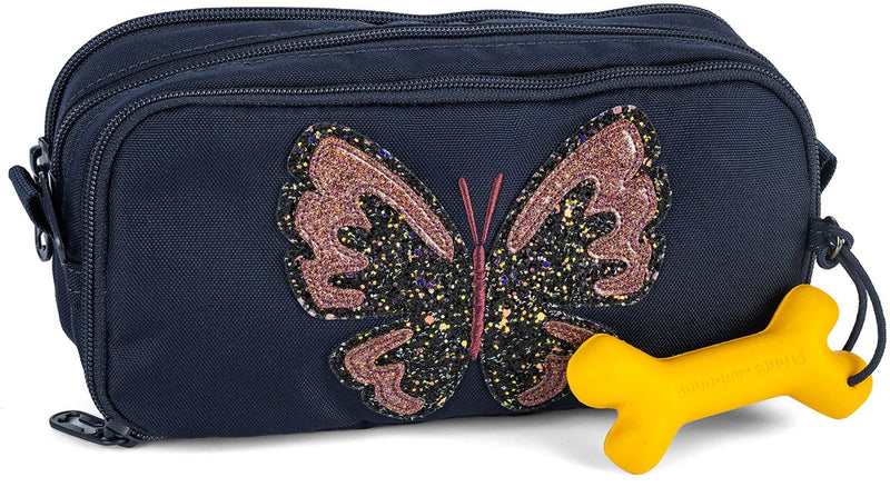 Afbeelding laden in galerijviewer, Stones and bones rowan 2.0 - etui - pennenzak voor kinderen - 3 vakken - glitter butterfly - donkerblauw
