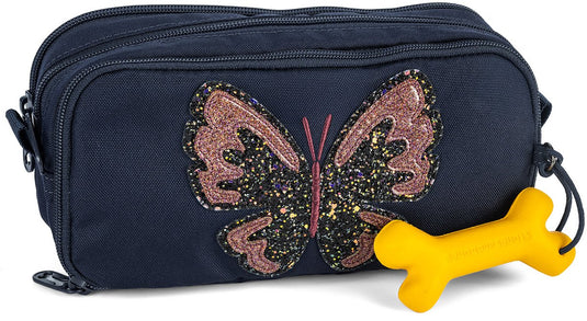 Stones and bones rowan 2.0 - etui - pennenzak voor kinderen - 3 vakken - glitter butterfly - donkerblauw