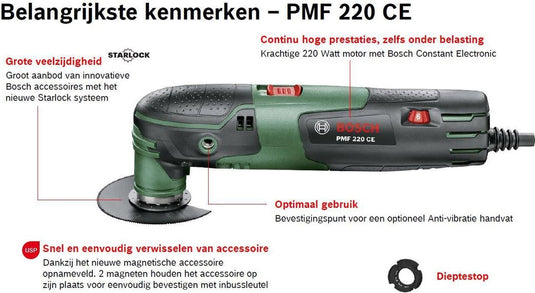Bosch pmf 220 ce multitool - op snoer - oscillerend - 220 w - incl. 9 accessoires en koffer