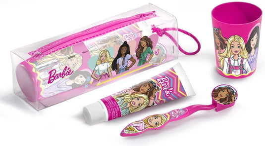 Lorenay - barbie - tandenborstelset + tandpasta + beker + etui - reistas voor kids