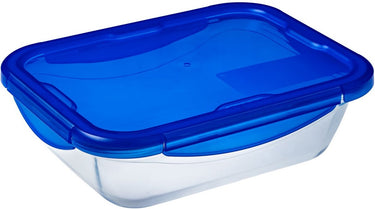 Pyrex - cook go schaal rechthoek met deksel 2-delig - transparant - blauw - borosilicaatglas - polypropyleen - siliconand