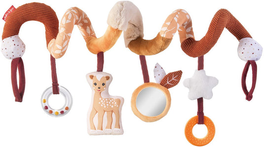 Sophie de giraf fanfan het hertje activiteitenspiraal – uitrekbaar 20-80 cm – zachte stof met texturen – piepertje, knisperpapier, spiegeltje, bijtring en rammelring – eenvoudig te bevestigen met klittenband – vanaf 3 maanden